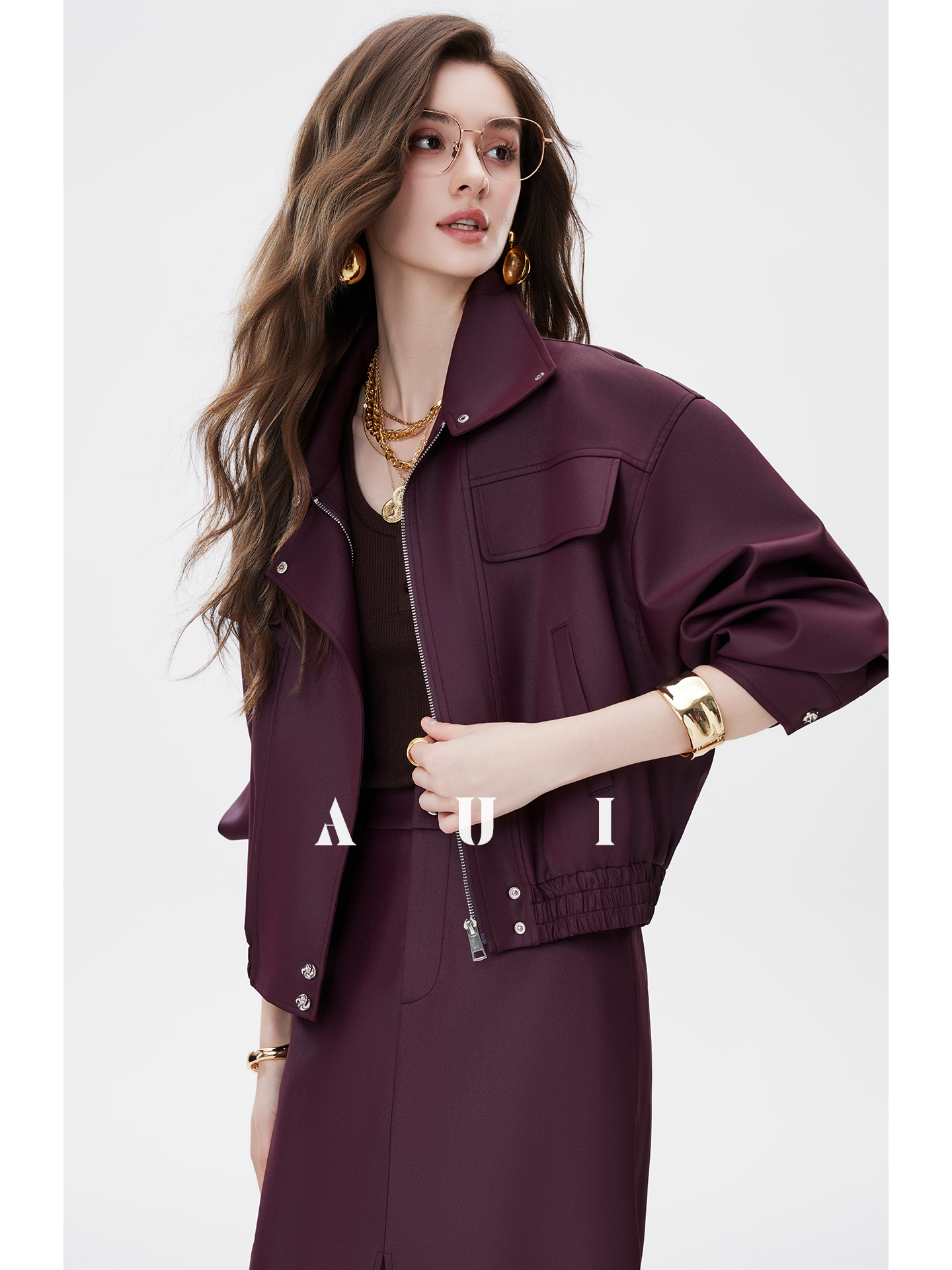 AUI Quiet Luxury Style Stand Collar Jacket Slit A-Line Skirt Two-Piece Set -  Eun Ae!