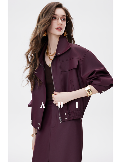 AUI Quiet Luxury Style Stand Collar Jacket Slit A-Line Skirt Two-Piece Set -  Eun Ae!