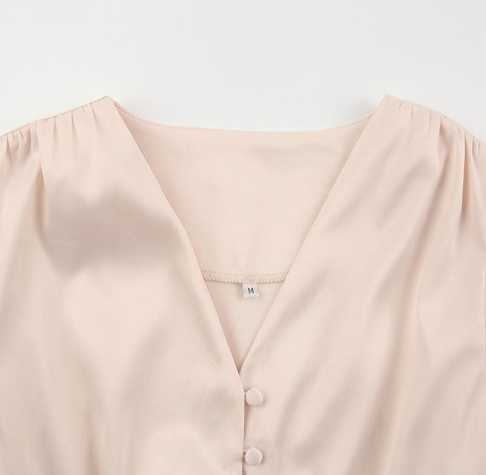 DOLLY Elegant V-Neck Long Lantern Sleeve Long Button Church Dress-NANA