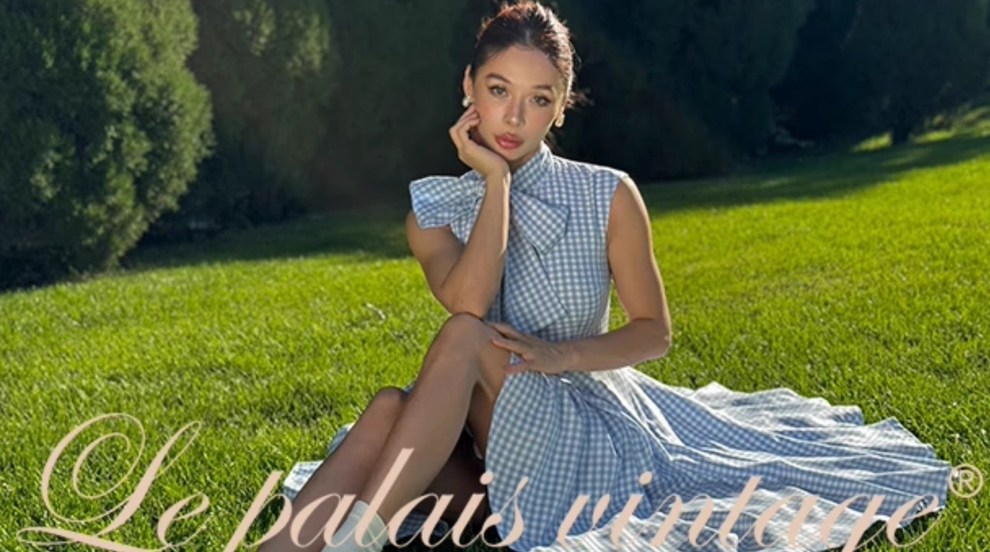 Le Palais Vintage Hepburn style elegant plaid slim fit large skirt dress-HANKS