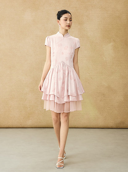 HECO Acetate Jacquard Midi Tiered Cap Sleeves Dress - HEART.