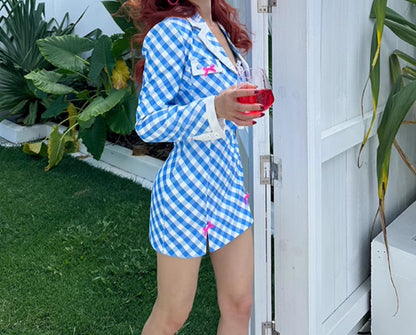 Le Palais  Blue Plaid Small Fragrance Thin Short Coat + Short Skirt- Yuno