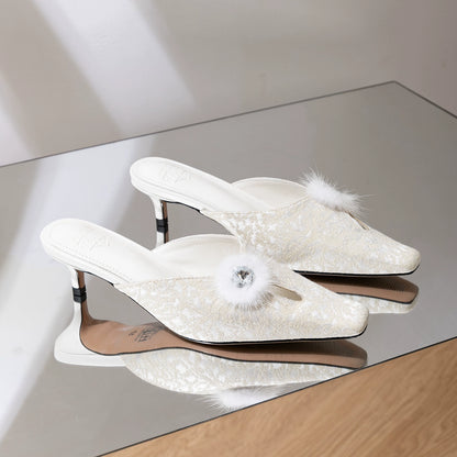 B-FEI embellished white slip-on low heel mule shoes-NIKO.