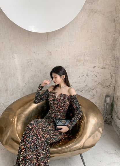 DOLLY High End Sequin Off Shoulder Long Sleeve Slim Fit Long Fish Tail Evening Dress-KASSIE