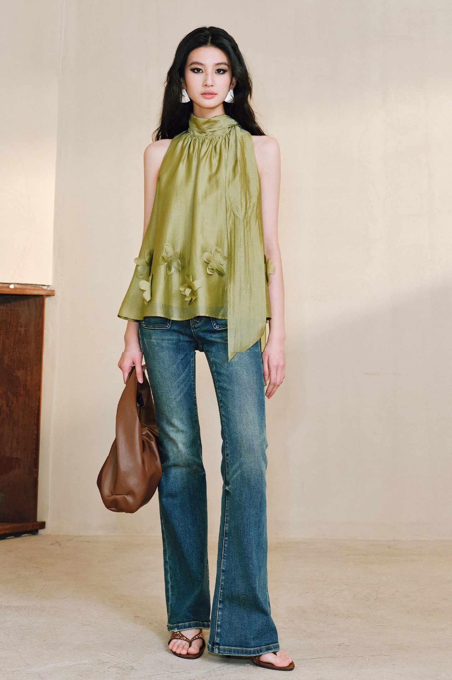 WANGXO Luxury Brand High-End Tencel Acetate Heavy Handmade Nail Flowers French Loose Ribbon Sleeveless Top - MAEVE