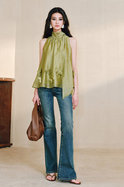 WANGXO Luxury Brand High-End Tencel Acetate Heavy Handmade Nail Flowers French Loose Ribbon Sleeveless Top - MAEVE