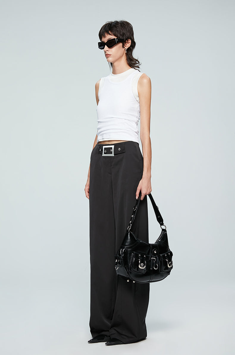 ANNAKIKI Niche Designer Japanese Button Interspersed Belt Wide-leg Pants-NEFA