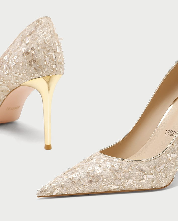 PJJUU champagne colored xiuhe pointed toe stiletto shoes  - EMLYN.