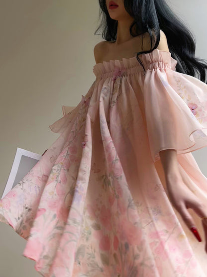 Aconiconi Luxury Off-Shoulder Flower Short Sleeve bridal baby doll Dress - Magnolia Lotus Fragrance