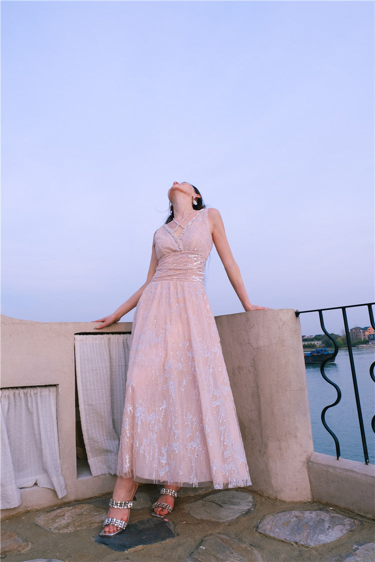 Wardrobes by Chen High End Sleeveless Wrap Embroidered Bead Dress-Sama