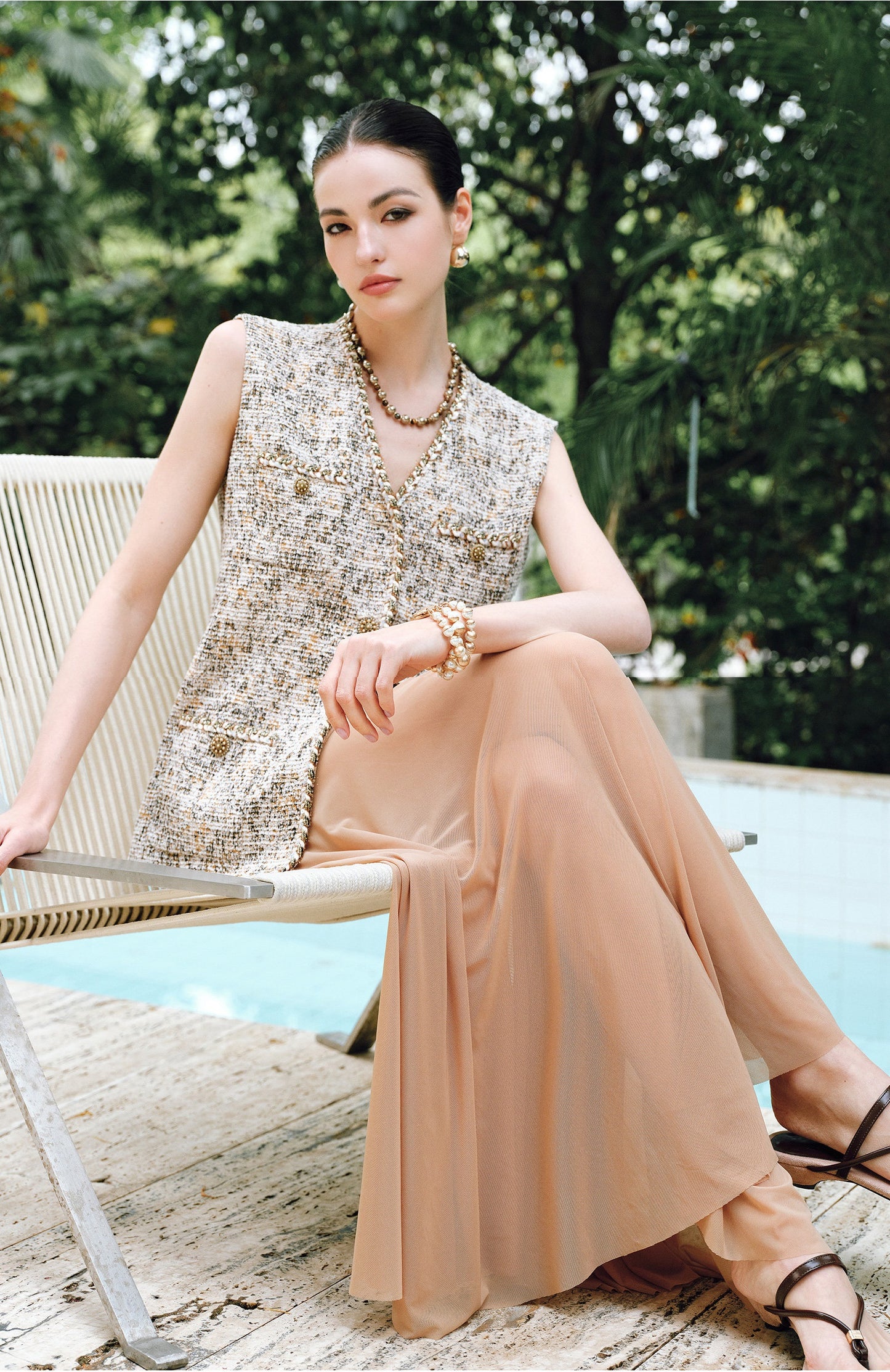 WANGXO | Twill Roman Knit with Lightweight Sheer Paneling  A-Line Hem Flowing Skirt  -RAYA