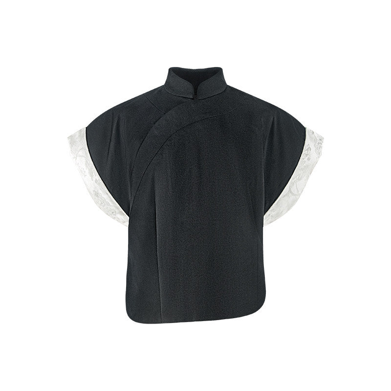 TUYUE Black Asymmetrical Placket Crisp Short Sleeve Top- MERLIN.