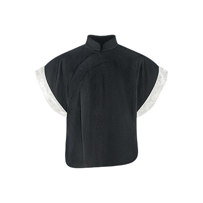 TUYUE Black Asymmetrical Placket Crisp Short Sleeve Top- MERLIN.