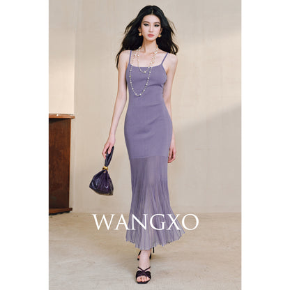 WANGXO | High-Quality Linen Tulle Temperament Suspender Fishtail Dress-LÉYA.