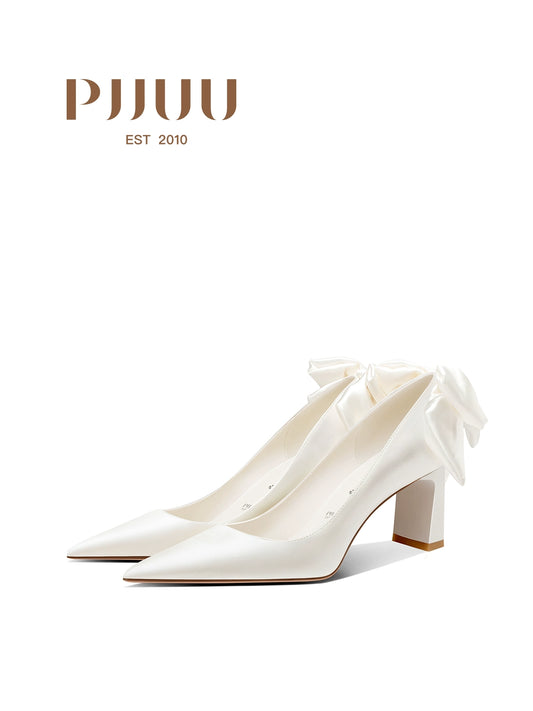 PJJUU French white butterfly design thick heeled shoes - QUAK.
