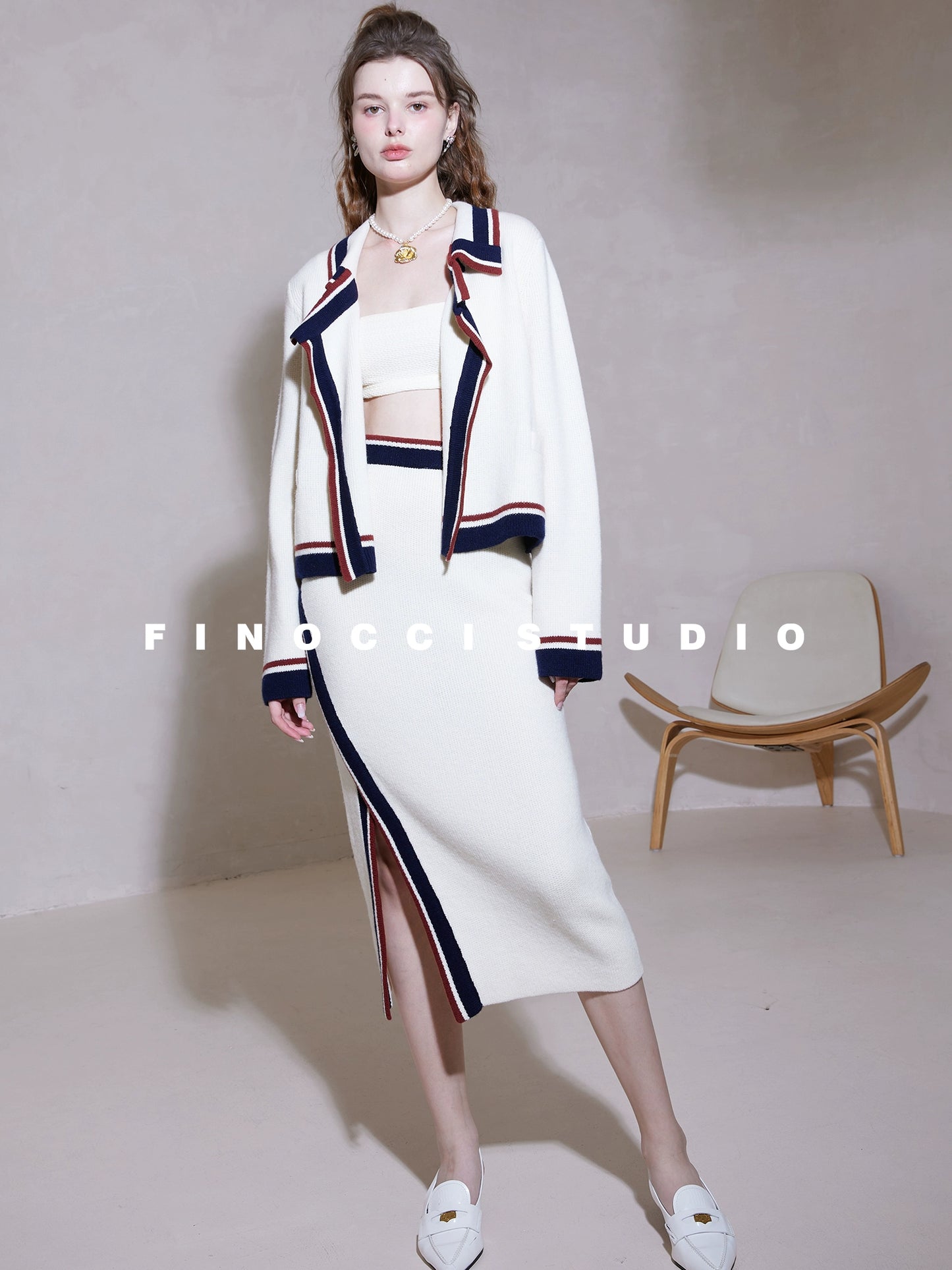 FINOCCI Winter quality elegant 100% Sheep Wool Weaving skirt jacket Set - Gale