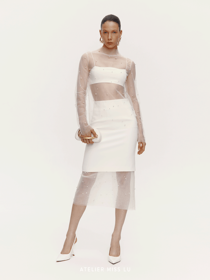 ATELIER MISS LU pearl embellishment see-through heavy yarn top - EMMA.