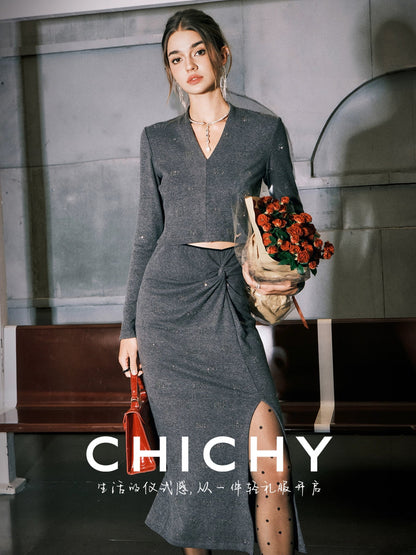 CHICHY French Grey Knitted V-Neck Slim Sweater Long Skirt Two-Piece Set-NANCY