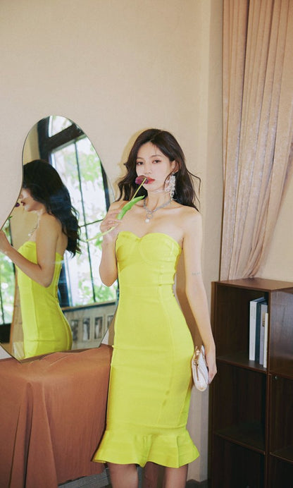 DOLLY Elegant Yellow Off Shoulder Tube Top Slim Fit Knitted Fish Tail Dress-PONA