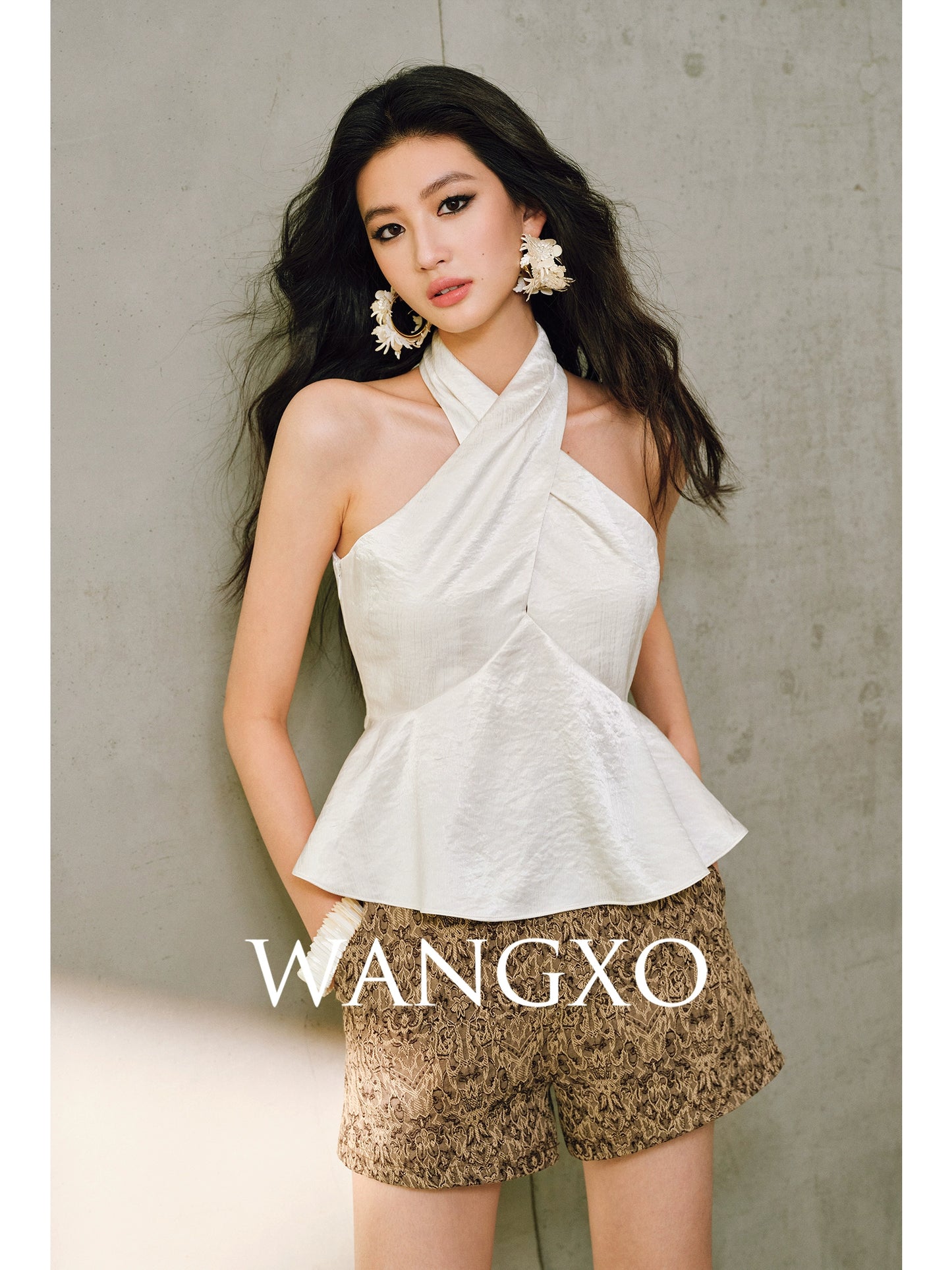 WANGXO Hand-Pinched Pleats Cross Halterneck Umbrella Swing Top with Sculpted Elegance -NYRA
