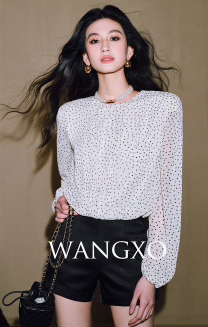 WANGXO Chiffon Blouse with Custom Velvet Polka Dot Print - MAEVE.