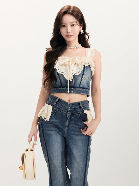 FAME Madeira Embroidered Denim Panelled Suspender Top Women's Outerwear