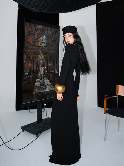 MEI SANGUAN Black U-neck long-sleeved floor-length dress - HARPER