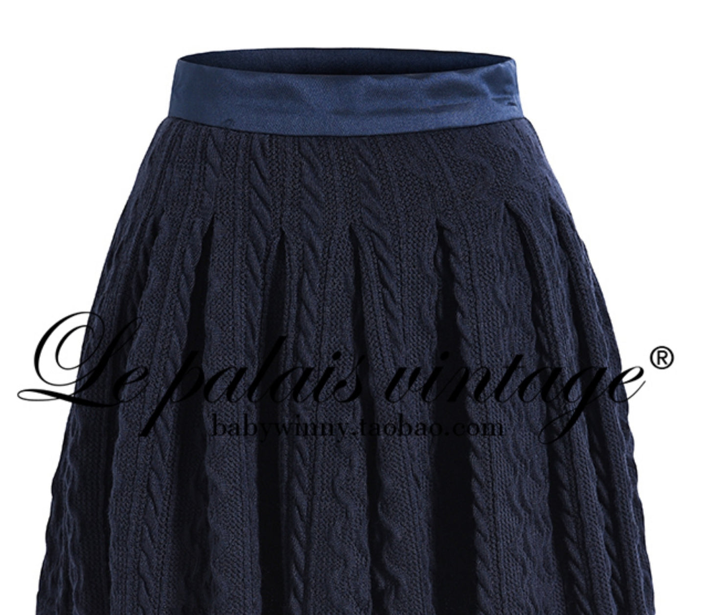 Le Palais  navy knitted puff sleeve top pleated skirt-XERX
