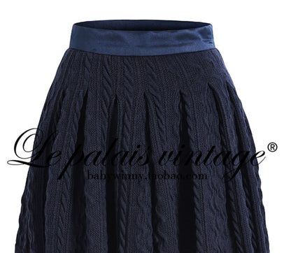 Le Palais  navy knitted puff sleeve top pleated skirt-XERX
