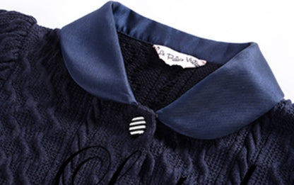 Le Palais  navy knitted puff sleeve top pleated skirt-XERX