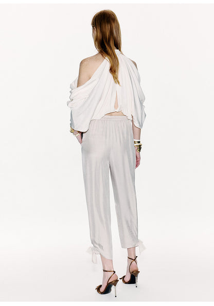 ATELIER MISS LU Bow Embellished Cinched Acetate Tapered Pants - VELVET.