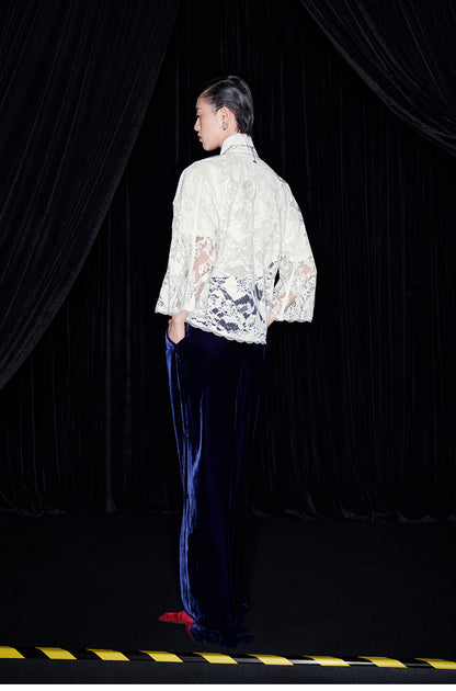 M essential Mackay designer White Lace atelier layered lace inlay top blue velvet pant- olay.
