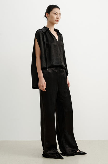 COMME MOI Summer Women's Black Satin Straight Pants - ADELINE.