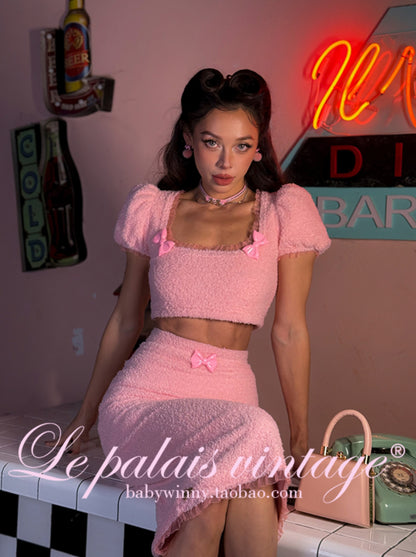 Le Palais Vintage Pink Plush Crop Top + Hip Skirt Set