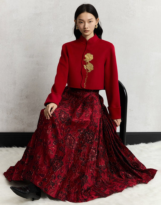 HECO Wear Gold Wire Embossed Horse Face red high waist pleated Skirt - burn.