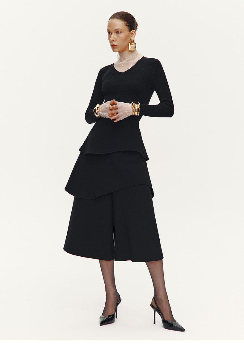 ATELIER MISS LU Pearl Embellished Gauze Patchwork Knit Top - MATT