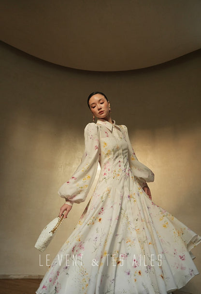 LE VENT&TES AILES Luxury summer vacation floral print Fancy Midi Dress-ZOE