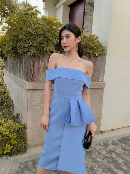 DOLLY Elegant Blue Sleeveless Off Shoulder Chest Wrap Midi Dinner Dress-DARA