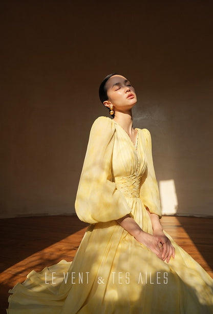 LE VENT&TES AILES 100% Silk French Haute Smudge V-Neck midi yellow Dress - FAYE