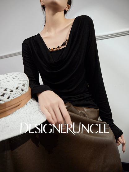 DGU|Black Knitted Drape V-Neck Top and brown pleater skirt- WAVES.