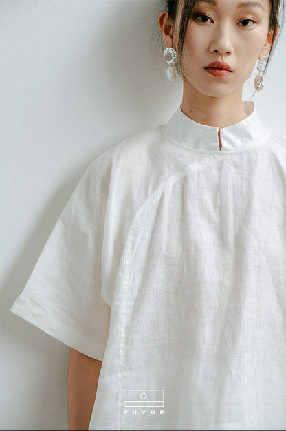 TUYUE White Linen Stand Collar Buckle Silhouette Top - RIAN.