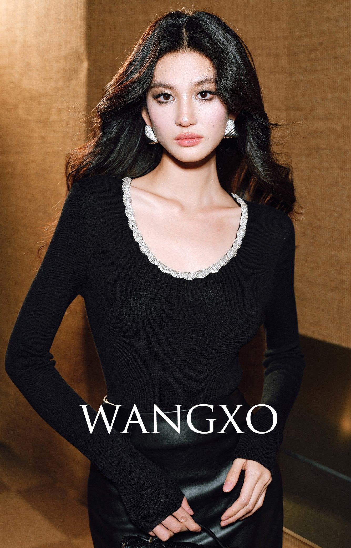 WANGXO | Diamond Chain Trim U-Neck Knitted Long Sleeve Top-EIRA.
