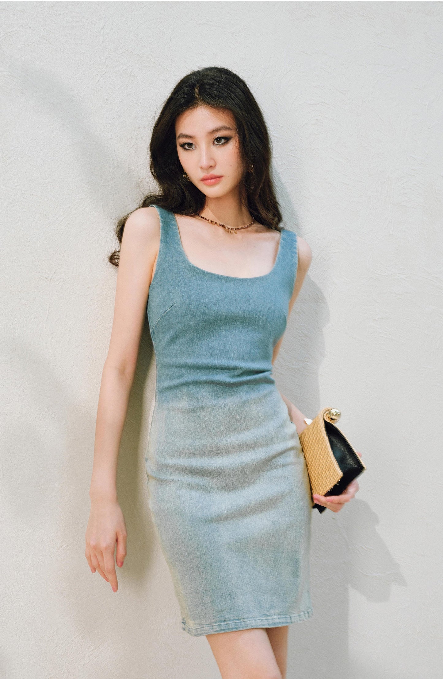WANGXO |Long-Staple Cotton Neckline and Waist-Cinched Cropped Denim Dress -LANA