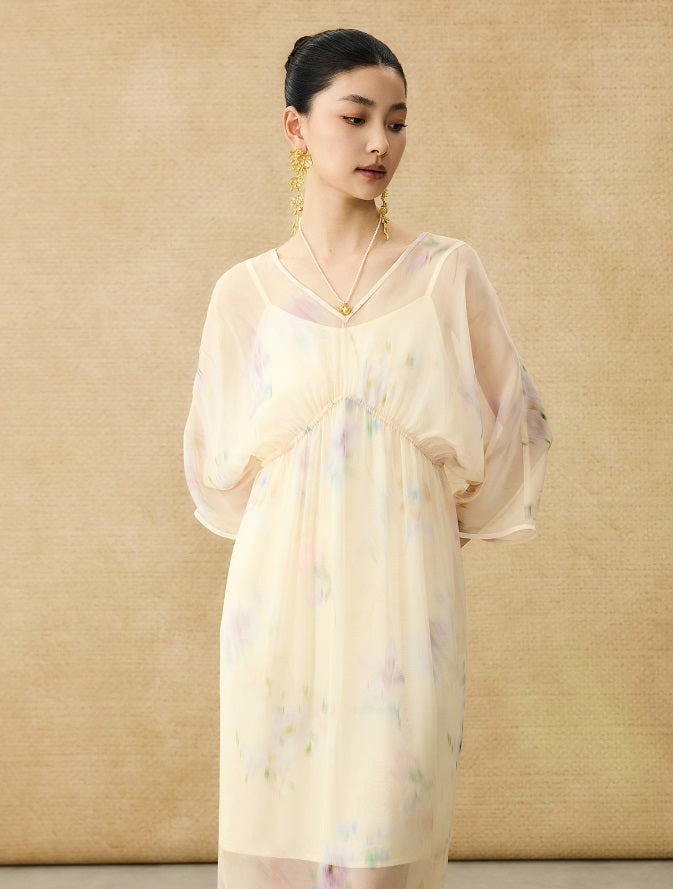 HECO Chinese Resort Style Flowing V-neck Dress - STONE.