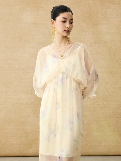 HECO Chinese Resort Style Flowing V-neck Dress - STONE.