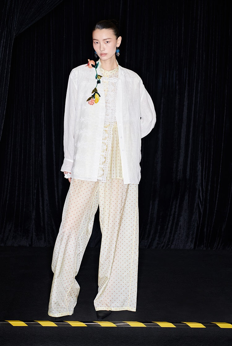 M essential Mackay designer polka dot silk cotton elasticated wide-leg trousers - YVONE.