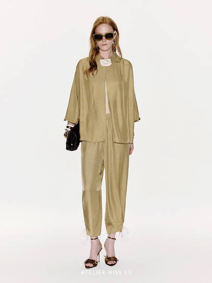 ATELIER MISS LU Embellishment Cinched Acetate Tapered Pants - LEE.