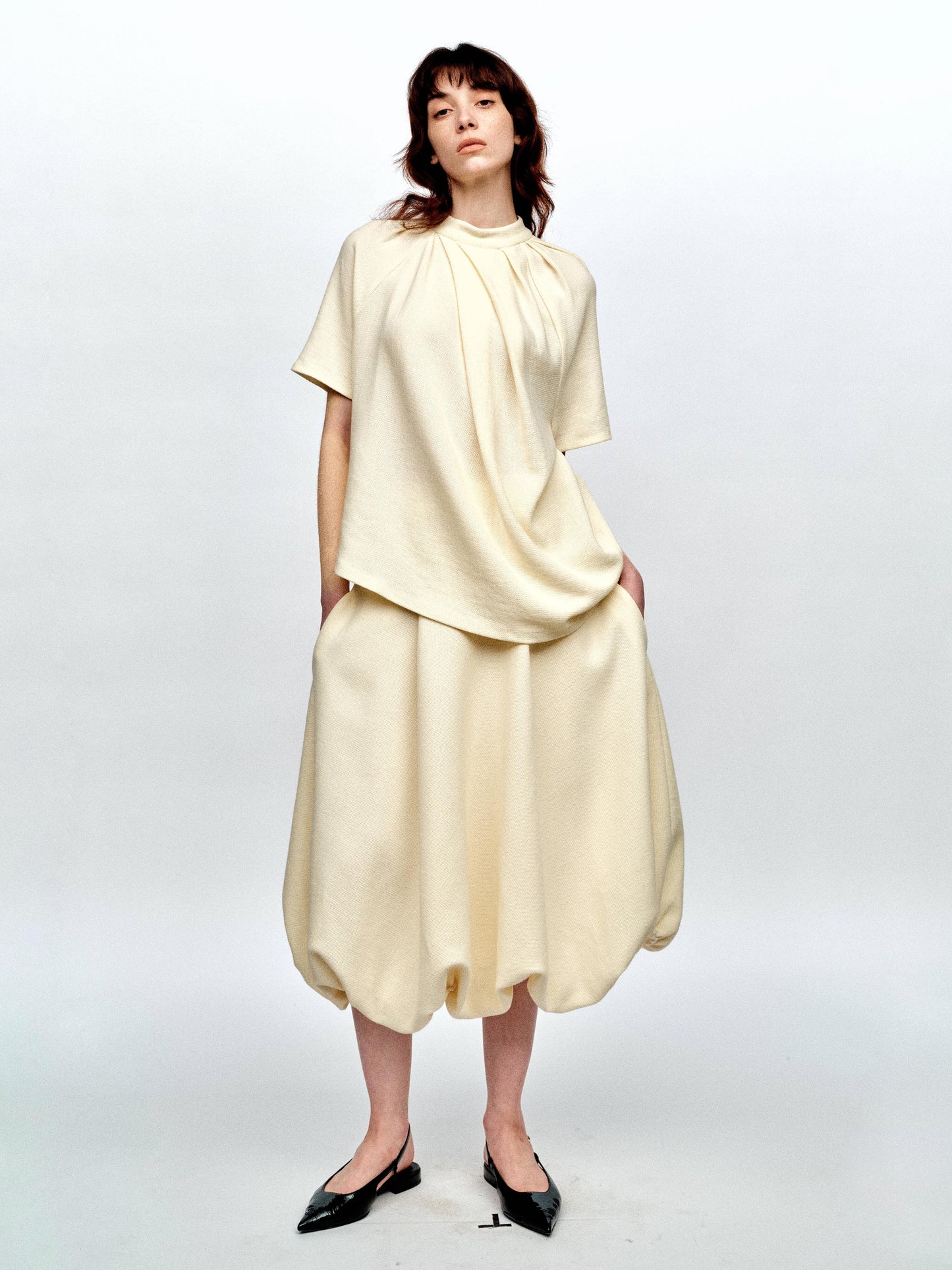 SERRER Beige shirred patchwork design bubble skirt - GABRIEL.
