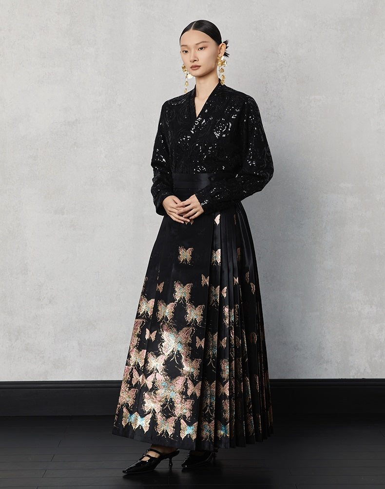 HECO Butterfly Hanfu High Waisted Pleated Long Skirt - rain.