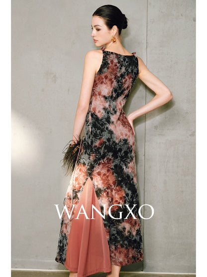 WANGXO | Artistic Ink Smudge Flora Knit Patchwork Contrast Tulle One-Shoulder Fishtail Dress with Flowing Gradient Drama -XINA